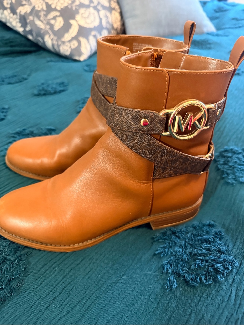 Michael Kors Cognac Leather Ankle Boots with Signature MK Strap